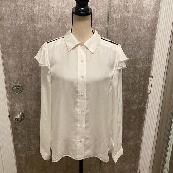 Maje 100% silk open shoulder ruffle blouse, L - Picture 1 of 10
